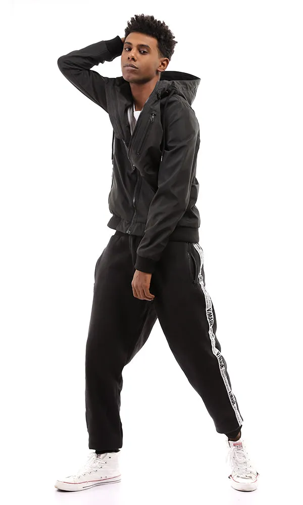 95882 Solid Drawtring Hooded Neck Zipped Black Jacket
