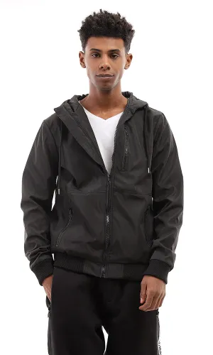 95882 Solid Drawtring Hooded Neck Zipped Black Jacket