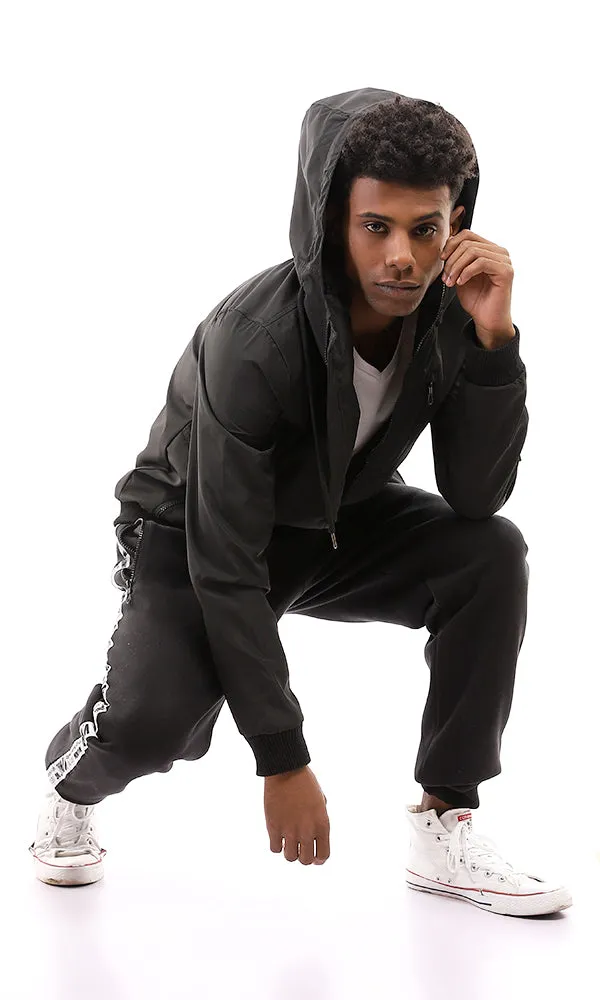 95882 Solid Drawtring Hooded Neck Zipped Black Jacket