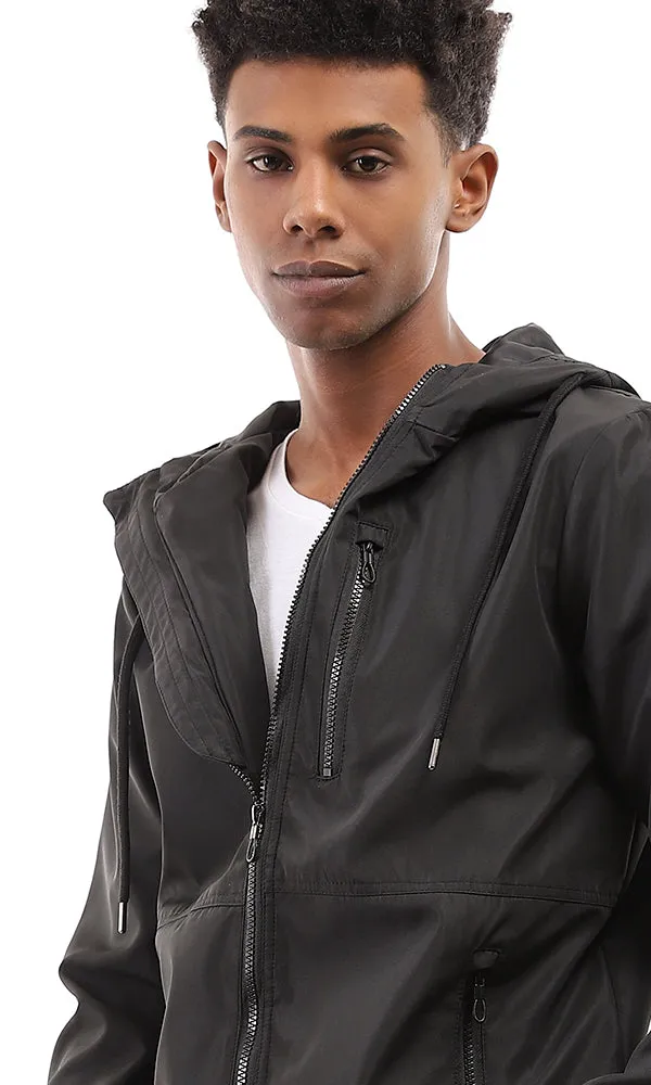 95882 Solid Drawtring Hooded Neck Zipped Black Jacket
