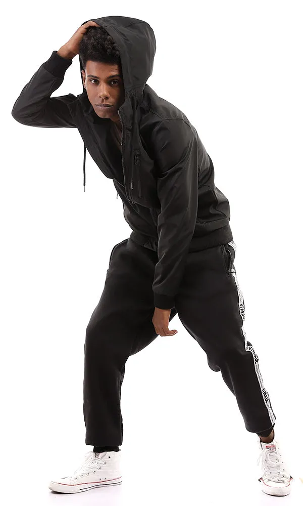 95882 Solid Drawtring Hooded Neck Zipped Black Jacket