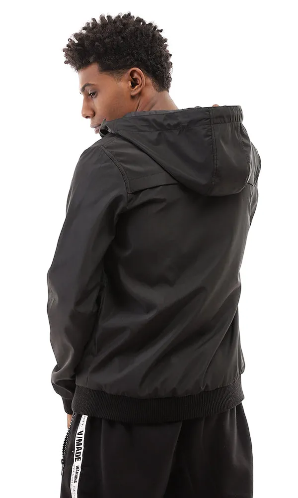 95882 Solid Drawtring Hooded Neck Zipped Black Jacket