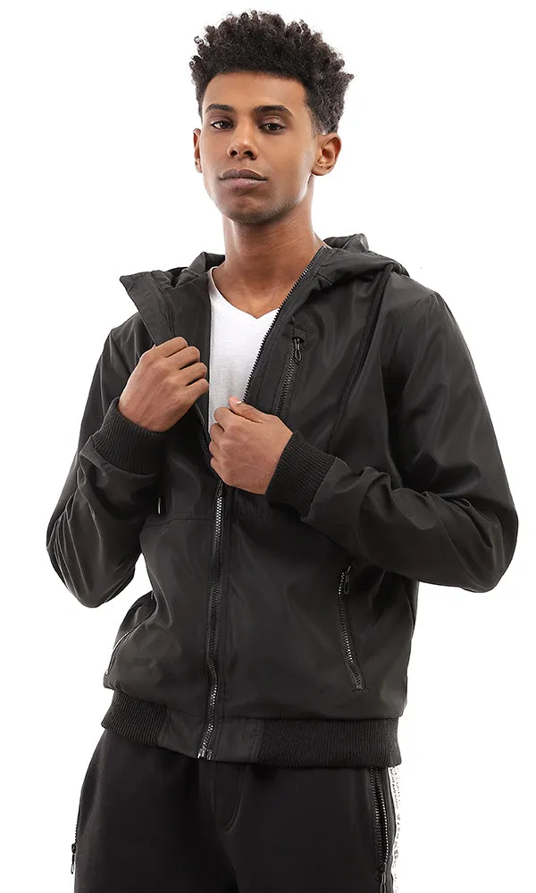 95882 Solid Drawtring Hooded Neck Zipped Black Jacket