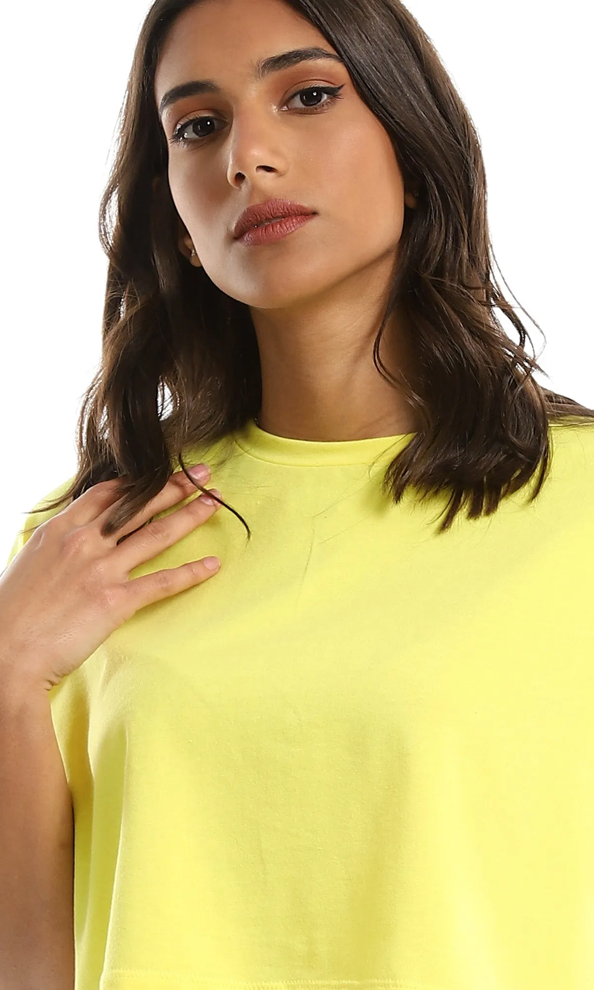 98846 Solid Round Neck Loose Yellow Crop Top