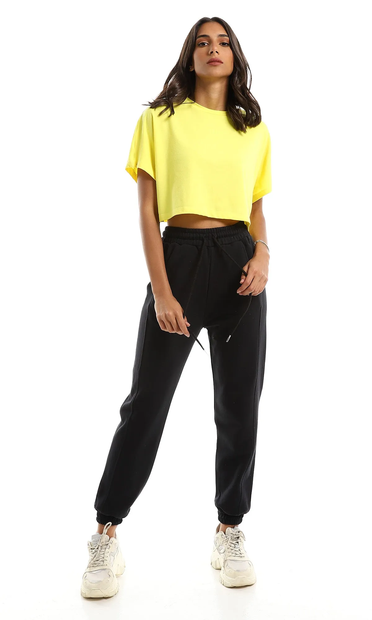 98846 Solid Round Neck Loose Yellow Crop Top