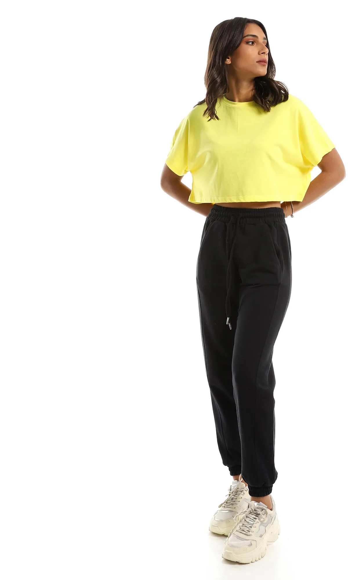 98846 Solid Round Neck Loose Yellow Crop Top