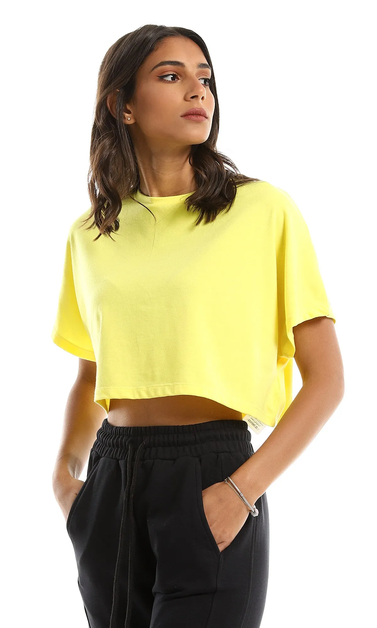 98846 Solid Round Neck Loose Yellow Crop Top