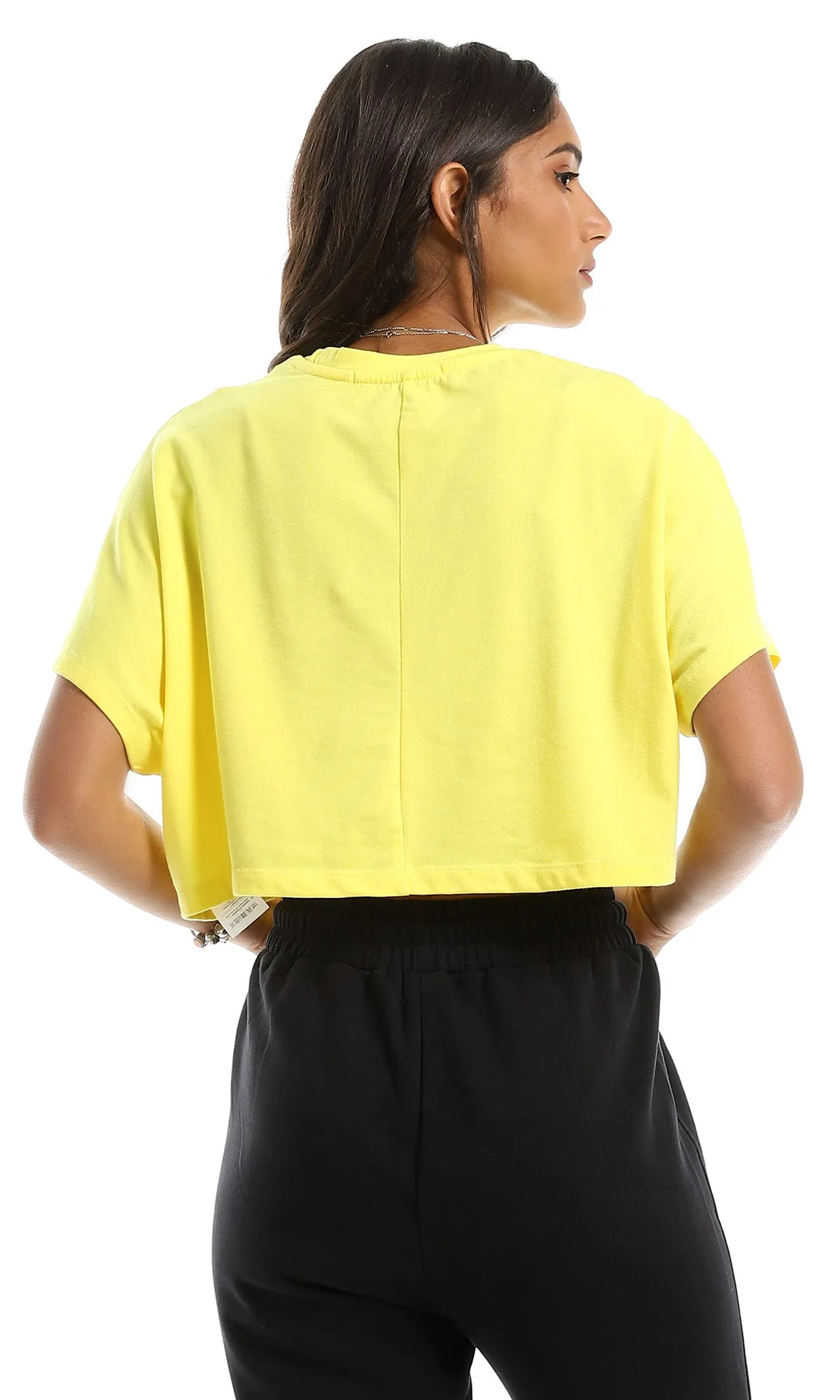 98846 Solid Round Neck Loose Yellow Crop Top