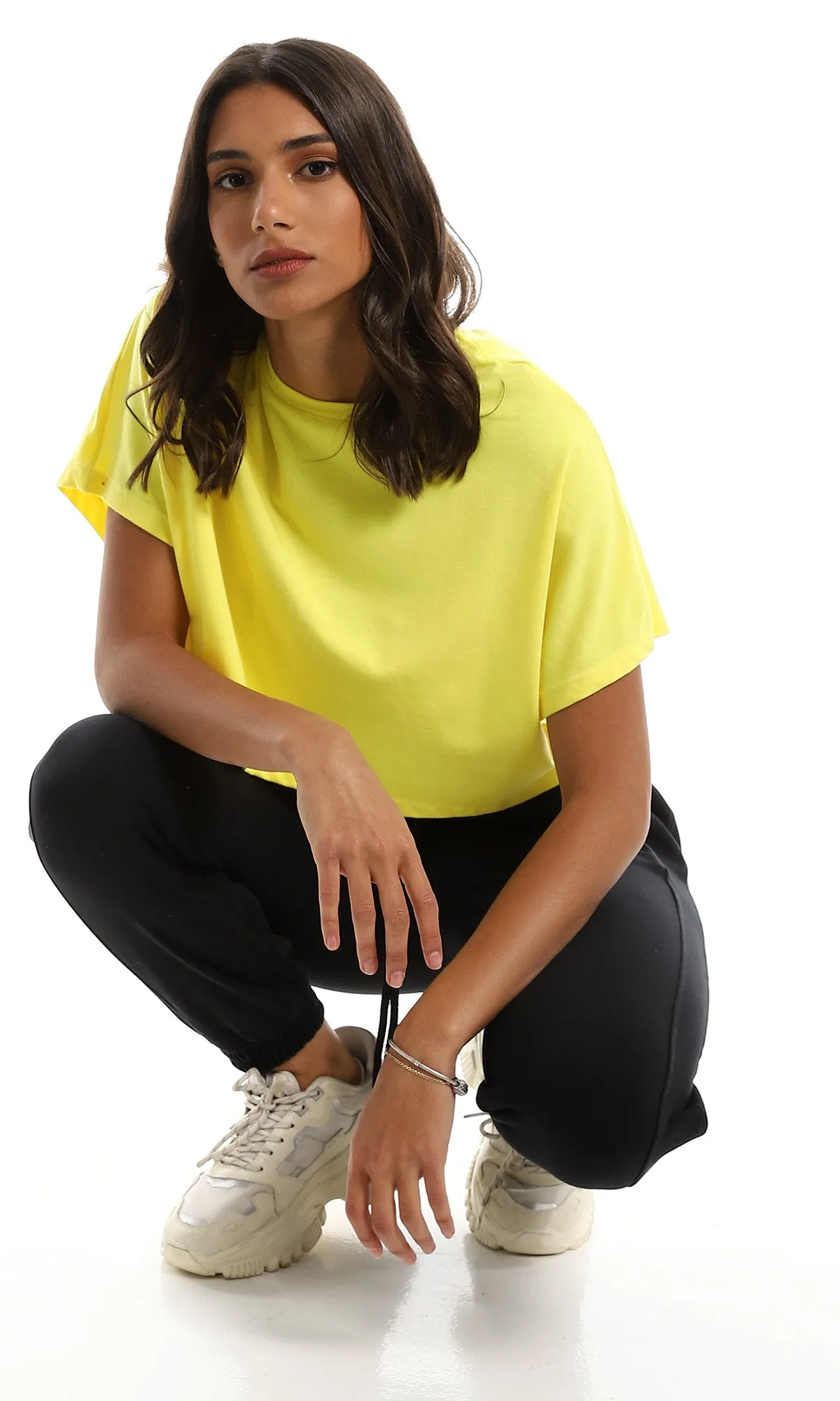 98846 Solid Round Neck Loose Yellow Crop Top