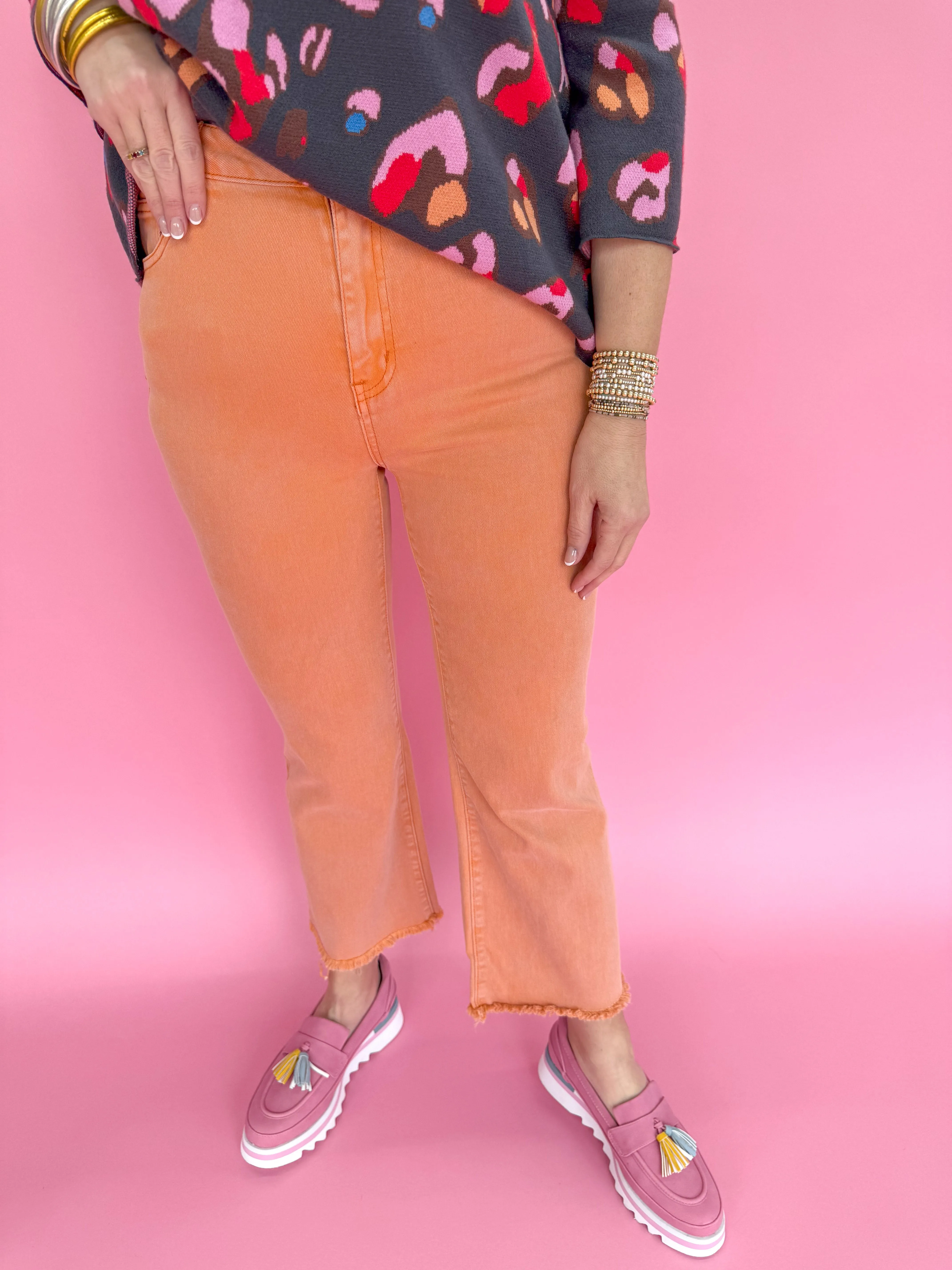 Acid Wash Crop Straight Pant - Orange