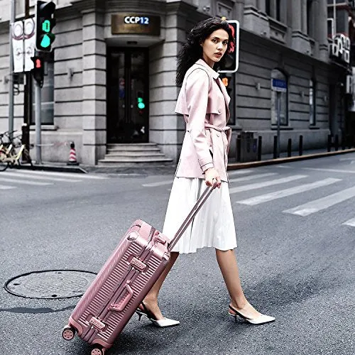 Aluminum Frame Luggage, Durable PC Hardshell Spinner Suitcase TSA Lock Carry On 20 Inch Rose Gold