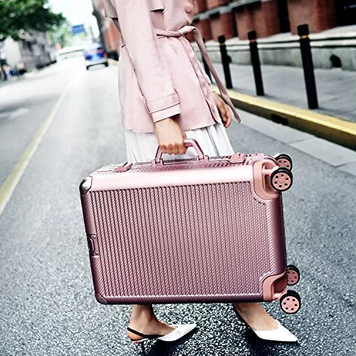 Aluminum Frame Luggage, Durable PC Hardshell Spinner Suitcase TSA Lock Carry On 20 Inch Rose Gold