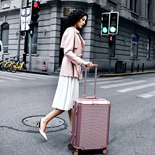 Aluminum Frame Luggage, Durable PC Hardshell Spinner Suitcase TSA Lock Carry On 20 Inch Rose Gold