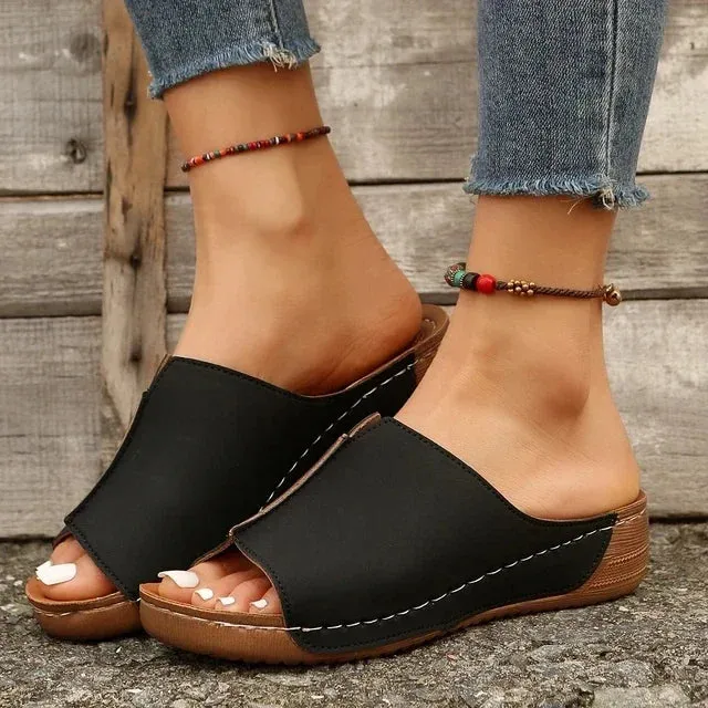 Amozae-2024 Summer Comfortable Roman Slippers for Women Open Toe Med Heels Casual Sandals Lightweight Non Slip Beach Slides Plus Size
