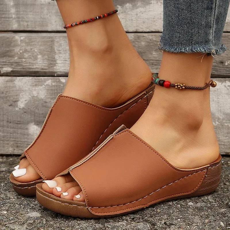 Amozae-2024 Summer Comfortable Roman Slippers for Women Open Toe Med Heels Casual Sandals Lightweight Non Slip Beach Slides Plus Size