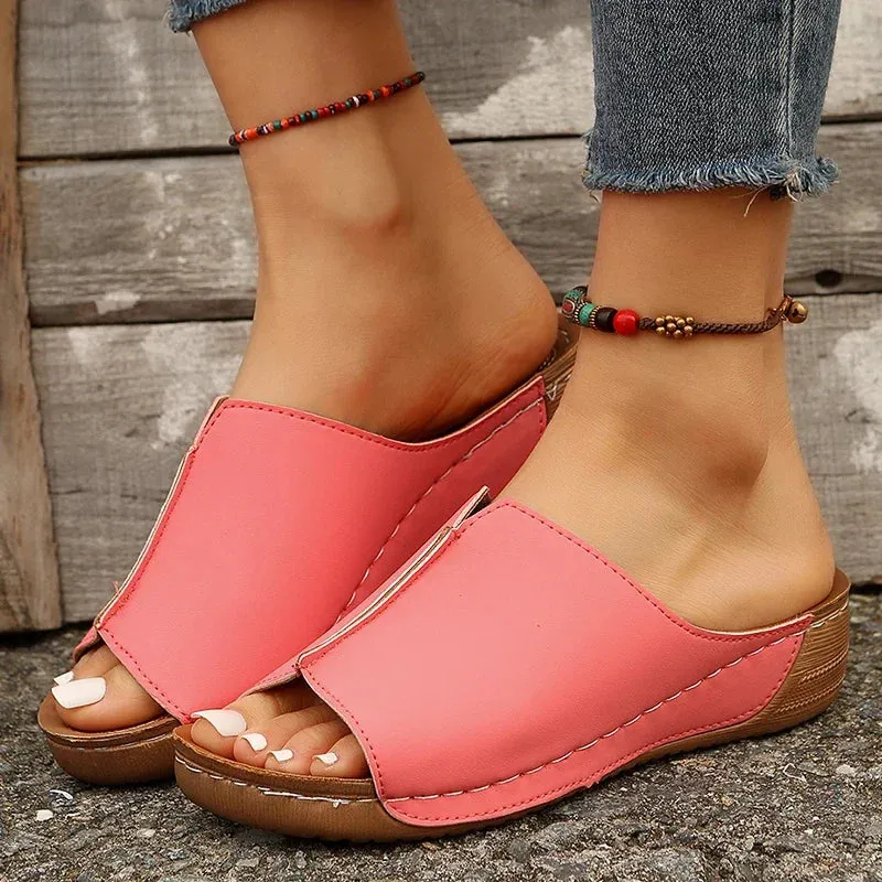 Amozae-2024 Summer Comfortable Roman Slippers for Women Open Toe Med Heels Casual Sandals Lightweight Non Slip Beach Slides Plus Size