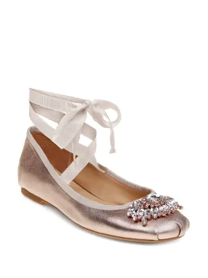 BADGLEY MISCHKA Womens Beige Rhinestone Cushioned Karter Round Toe Block Heel Lace-Up Leather Ballet Flats M