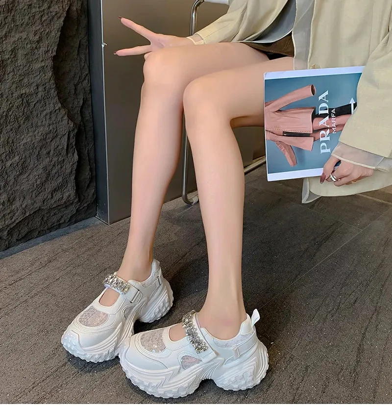 binfenxie Diamond Mesh Thick Sole Women Sneakers Dad Shoes Fahion Platform Heel Shoes Street Style Bling Sport Shoes