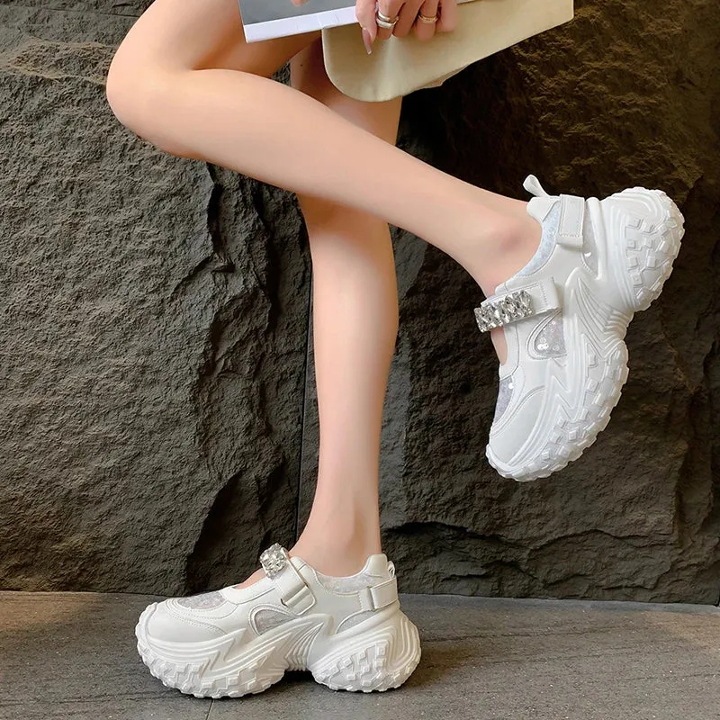 binfenxie Diamond Mesh Thick Sole Women Sneakers Dad Shoes Fahion Platform Heel Shoes Street Style Bling Sport Shoes