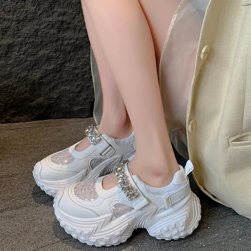 binfenxie Diamond Mesh Thick Sole Women Sneakers Dad Shoes Fahion Platform Heel Shoes Street Style Bling Sport Shoes