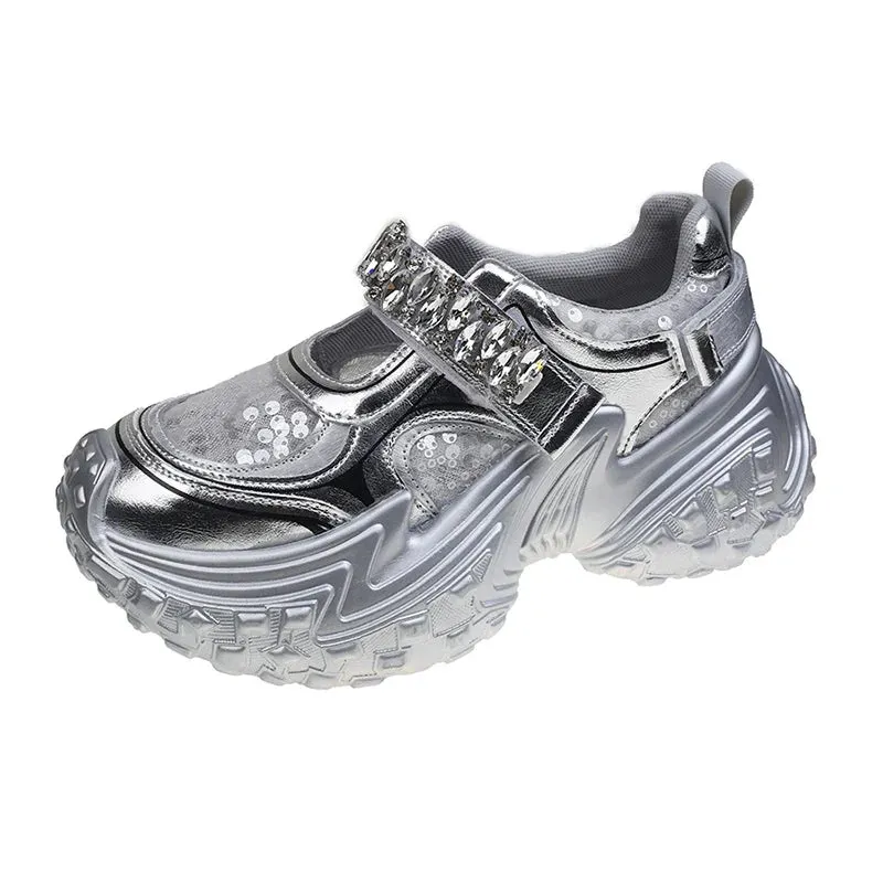 binfenxie Diamond Mesh Thick Sole Women Sneakers Dad Shoes Fahion Platform Heel Shoes Street Style Bling Sport Shoes
