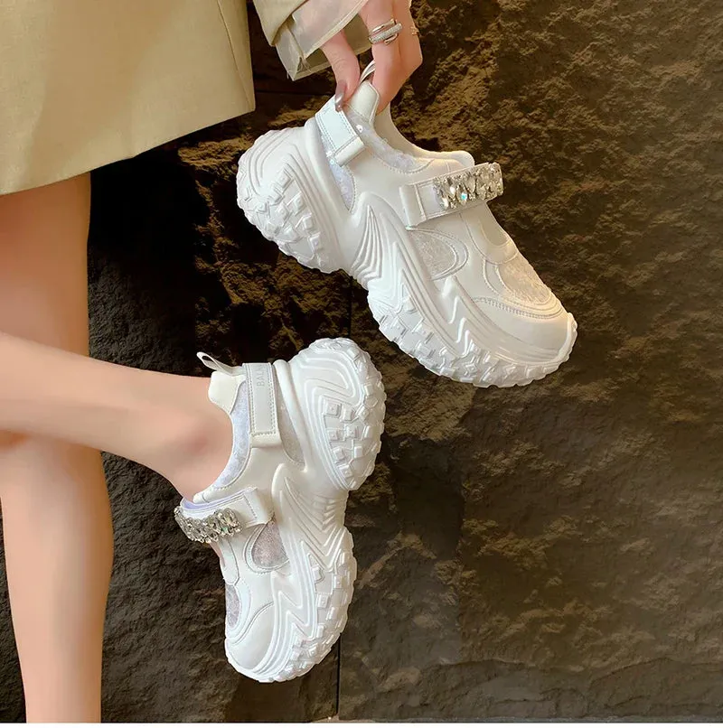 binfenxie Diamond Mesh Thick Sole Women Sneakers Dad Shoes Fahion Platform Heel Shoes Street Style Bling Sport Shoes