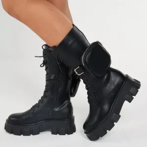 Black Faux Leather Chunky Lace Up Purse Boots
