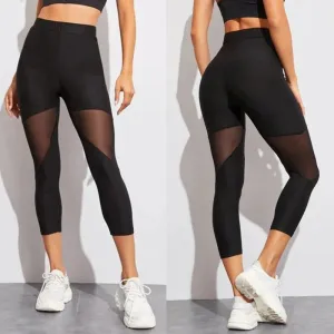 Black Patchwork Mesh Leggings Women's Jeggings for Fitness