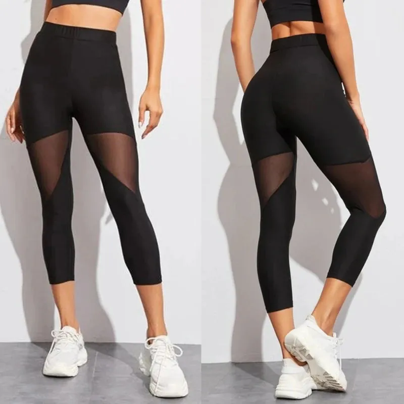 Black Patchwork Mesh Leggings Women's Jeggings for Fitness
