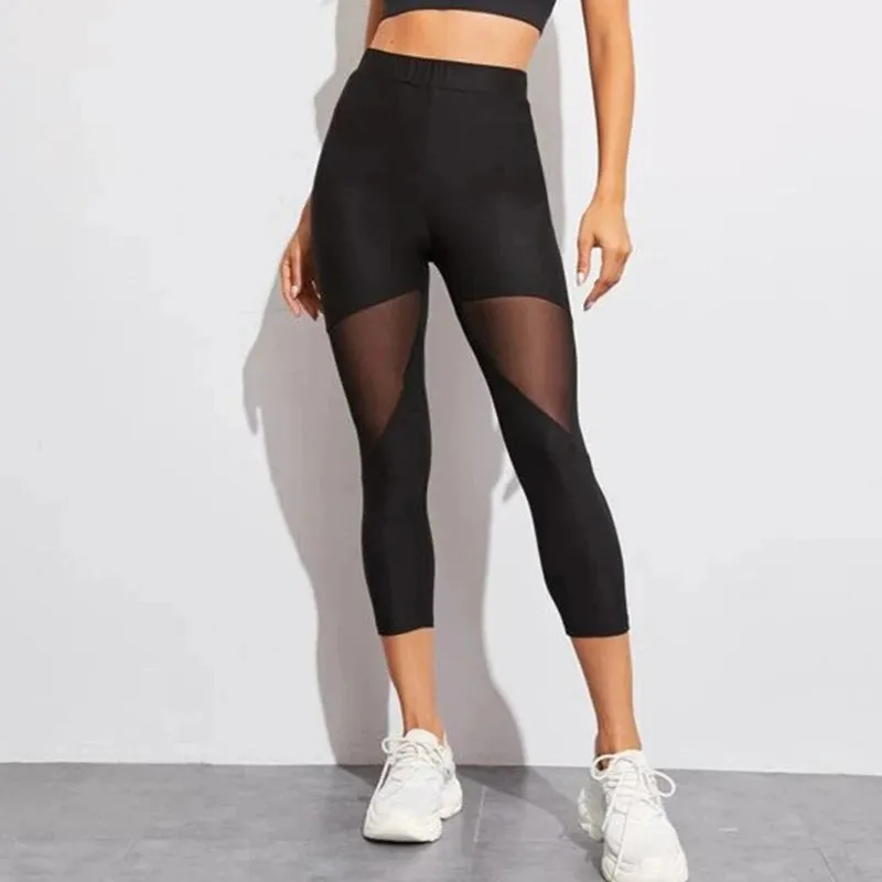 Black Patchwork Mesh Leggings Women's Jeggings for Fitness