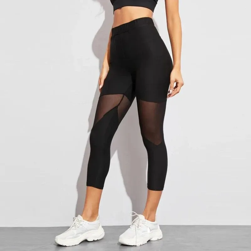 Black Patchwork Mesh Leggings Women's Jeggings for Fitness