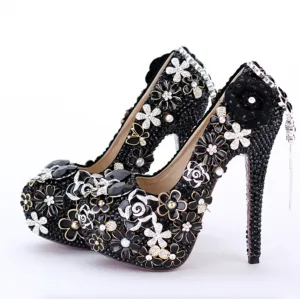 Black Pearl Diamond Super High Heel Wedding Shoes