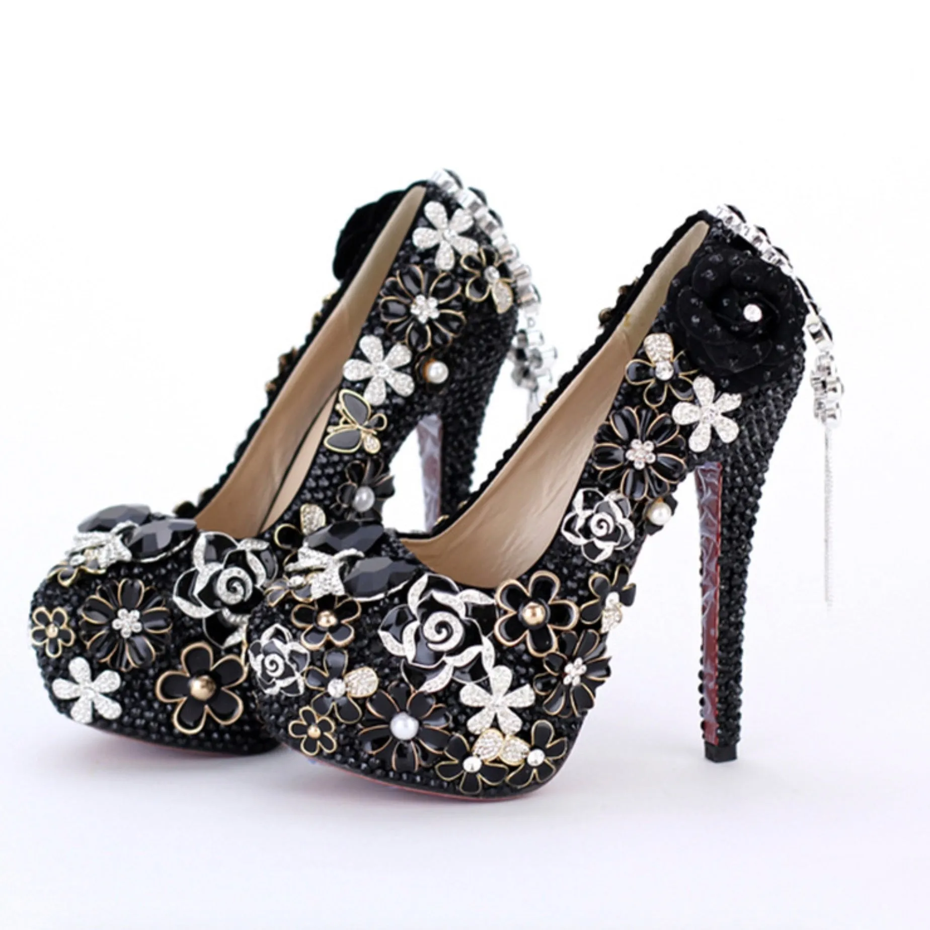 Black Pearl Diamond Super High Heel Wedding Shoes