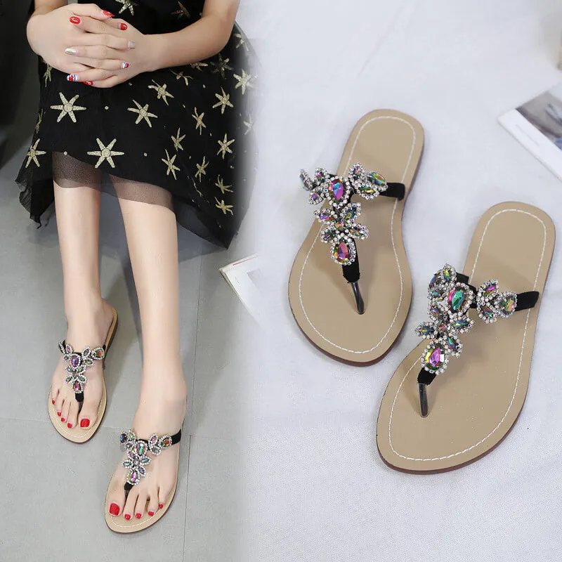 Bohemian Shinning Rhinestone Flat Thong Slippers Sandals