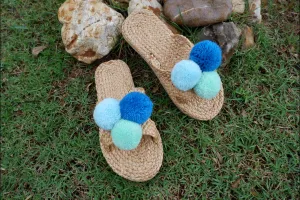 Bridal sandal, pom pom sandals, Beach Sandals, Straw Sandals