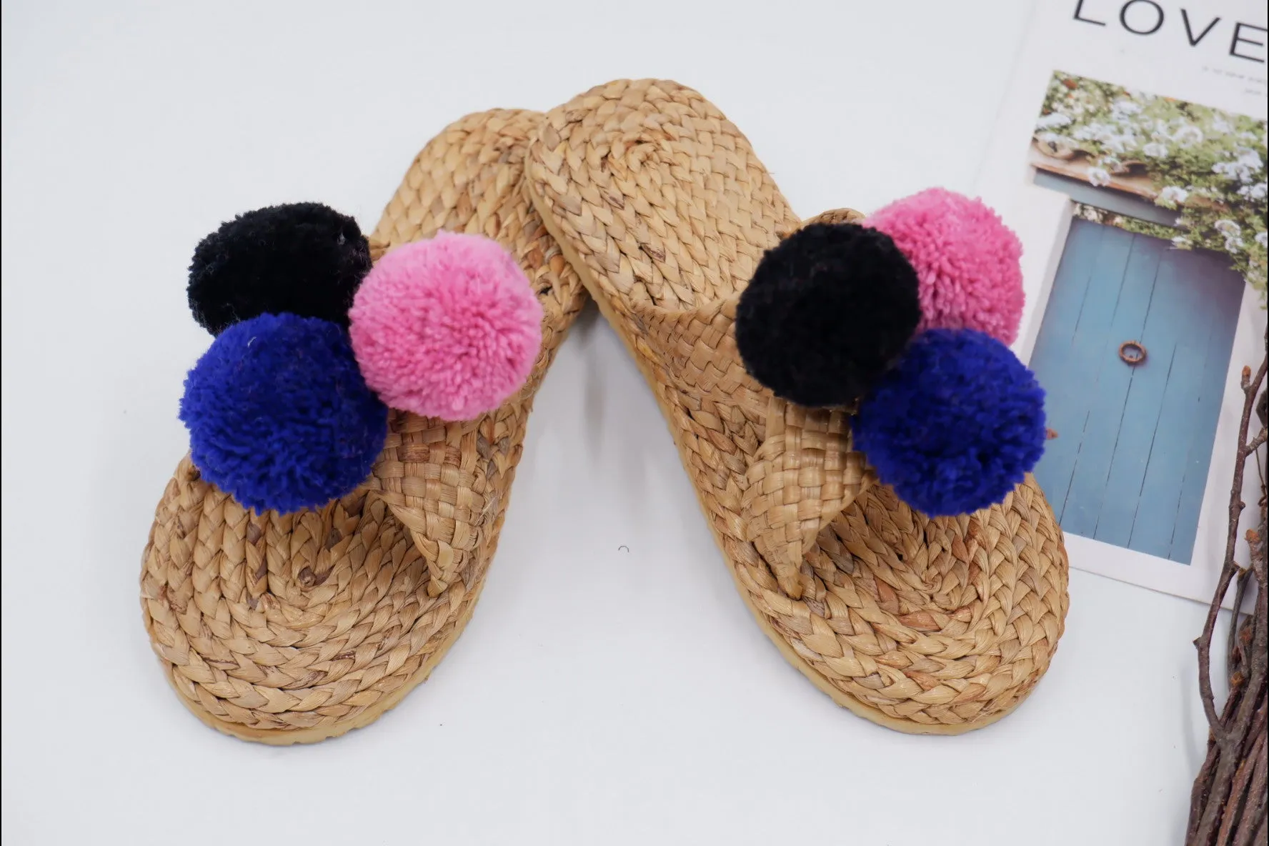 Bridal sandal, pom pom sandals, Beach Sandals, Straw Sandals