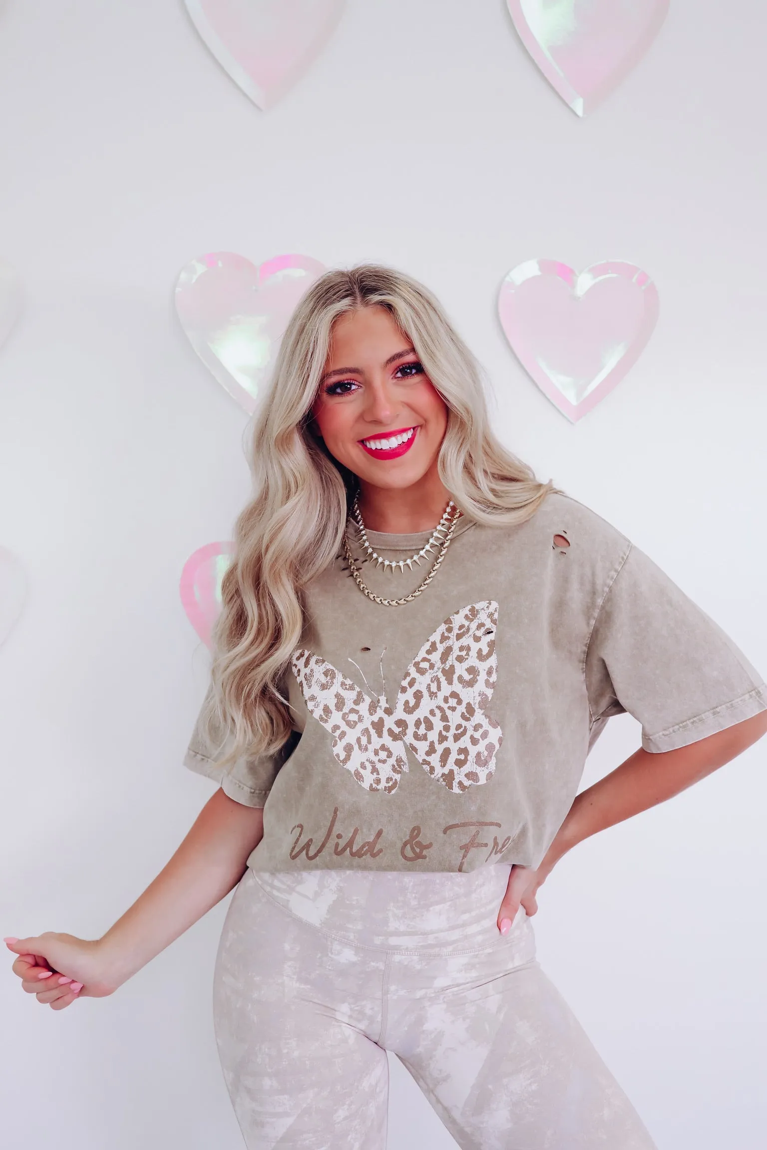 Butterfly "Wild & Free"  Laser Cut Graphic Tee - Latte