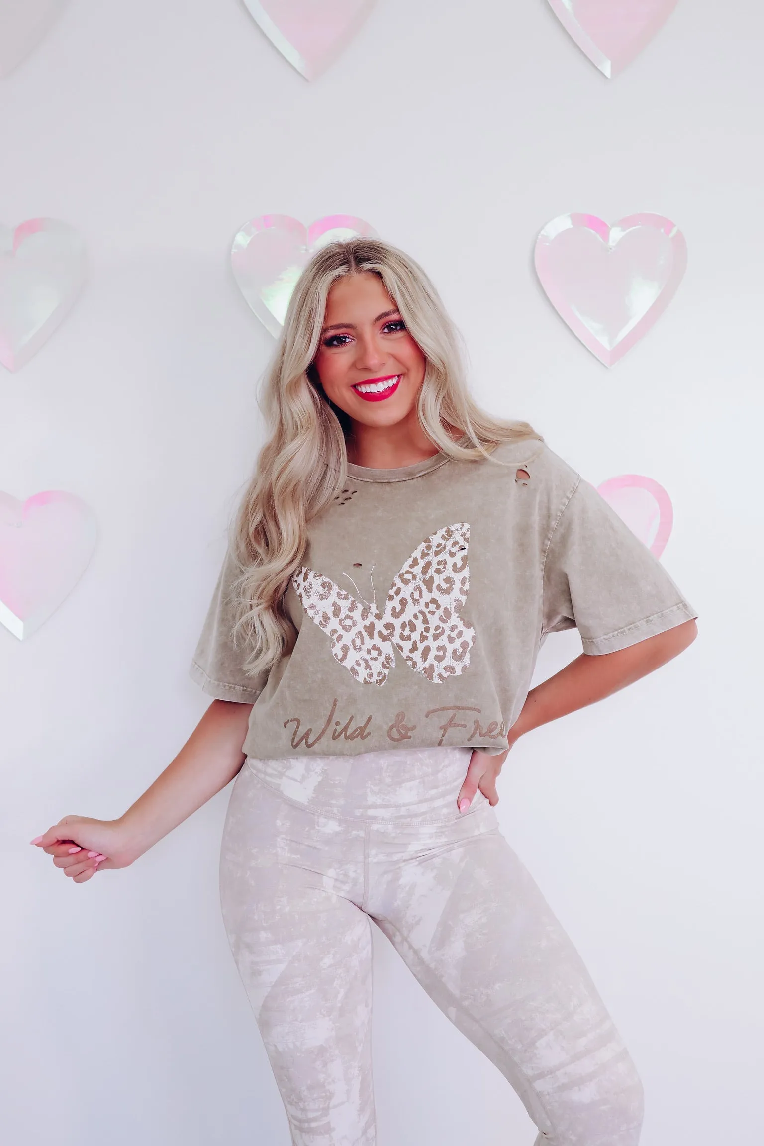 Butterfly "Wild & Free"  Laser Cut Graphic Tee - Latte