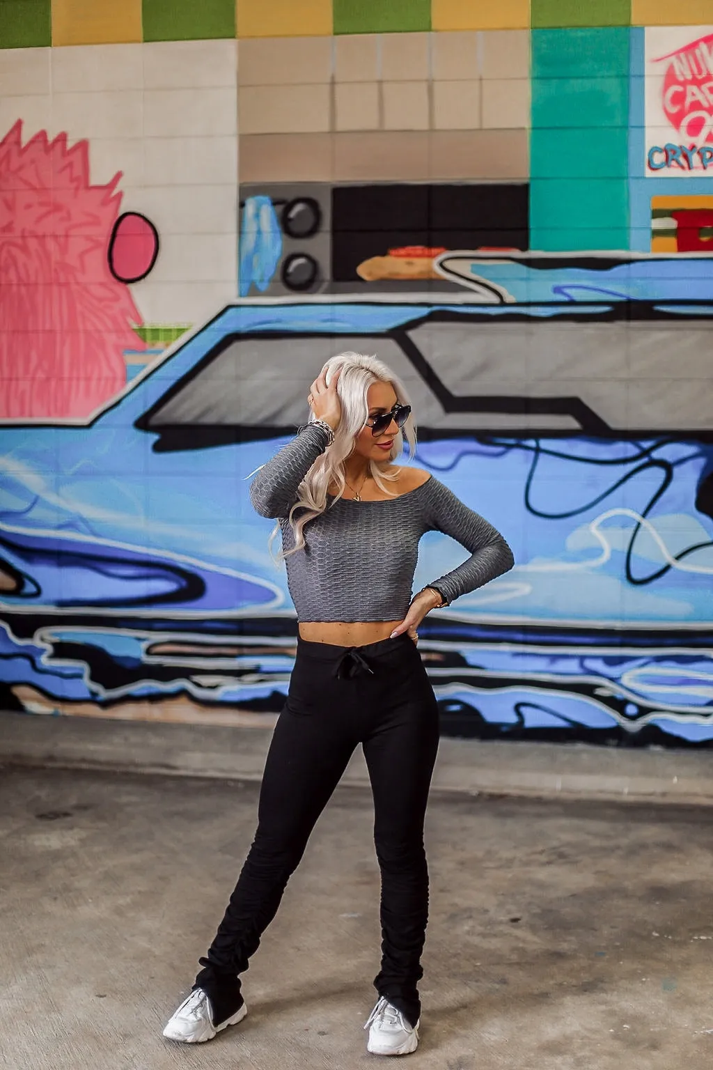 Charcoal Long Sleeve Embossed Crop Top