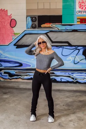 Charcoal Long Sleeve Embossed Crop Top