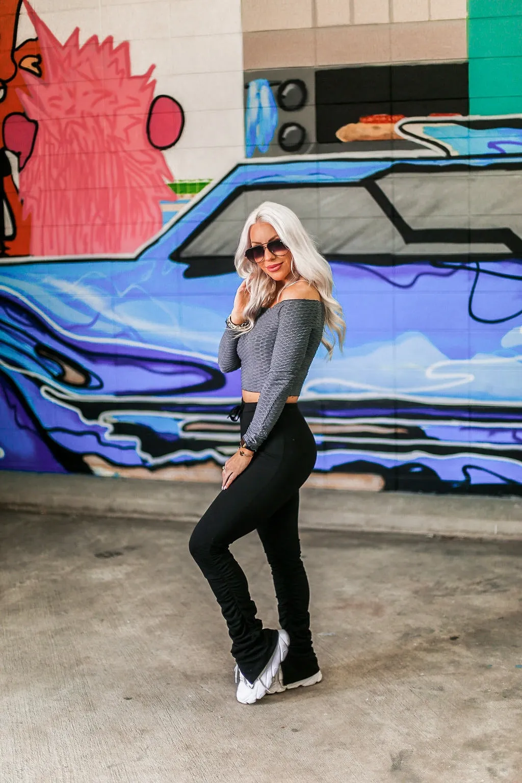 Charcoal Long Sleeve Embossed Crop Top