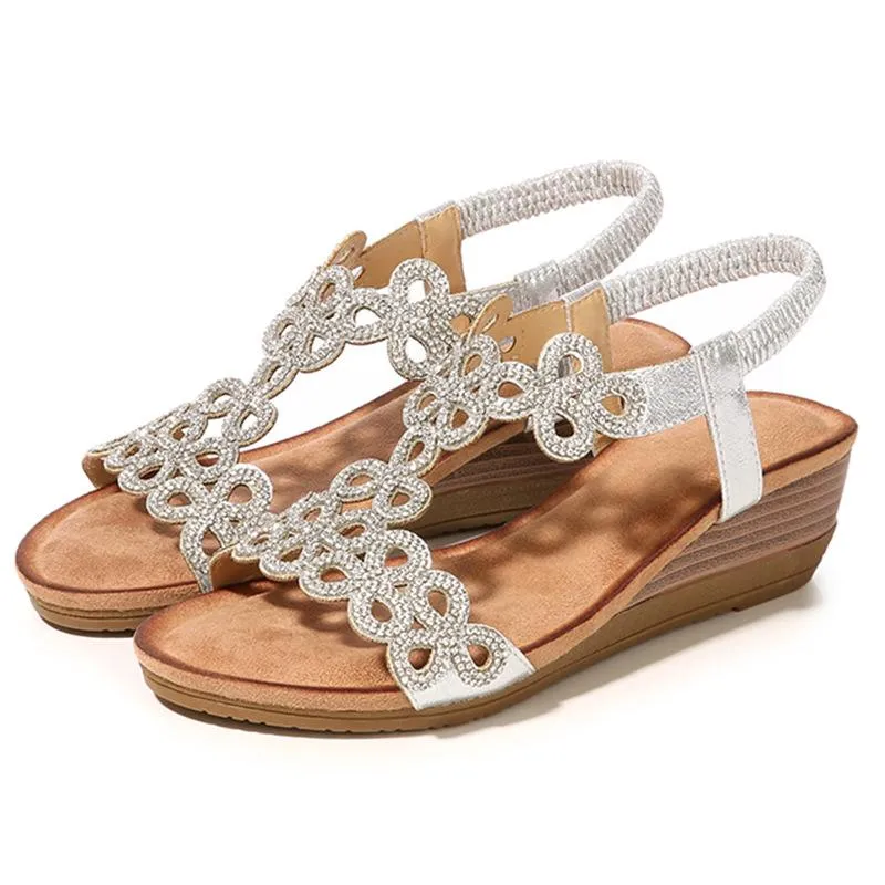 Chicvane Boho Style Rhinestone Wedge Sandals with Elastic Band