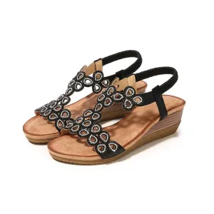 Chicvane Boho Style Rhinestone Wedge Sandals with Elastic Band
