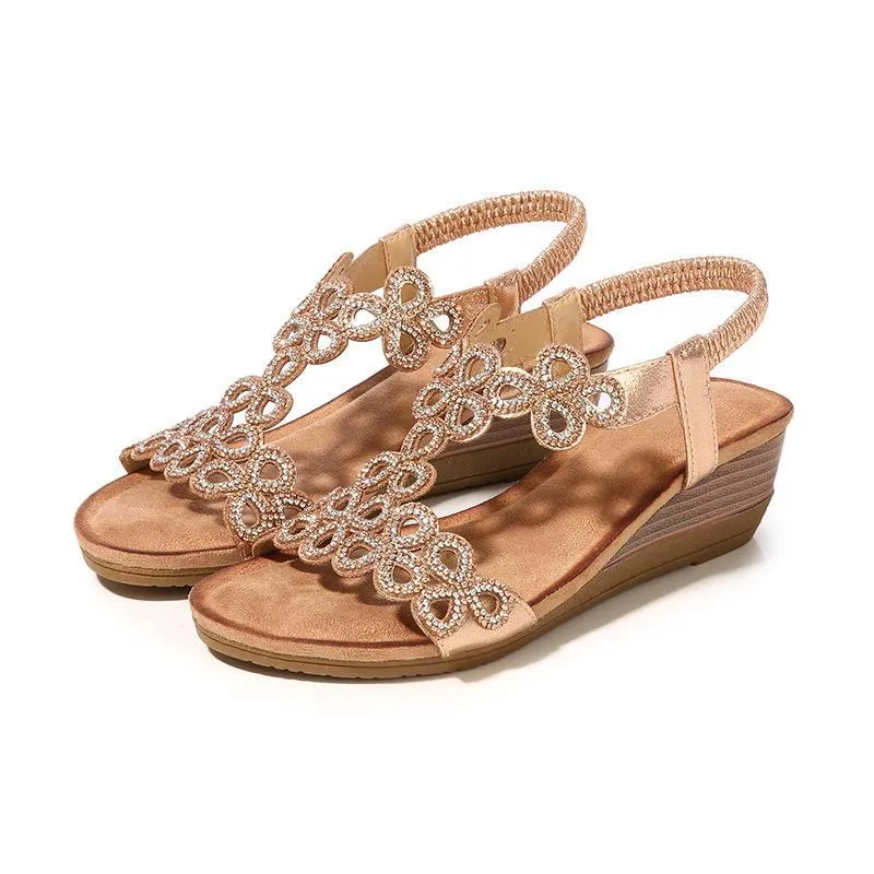 Chicvane Boho Style Rhinestone Wedge Sandals with Elastic Band