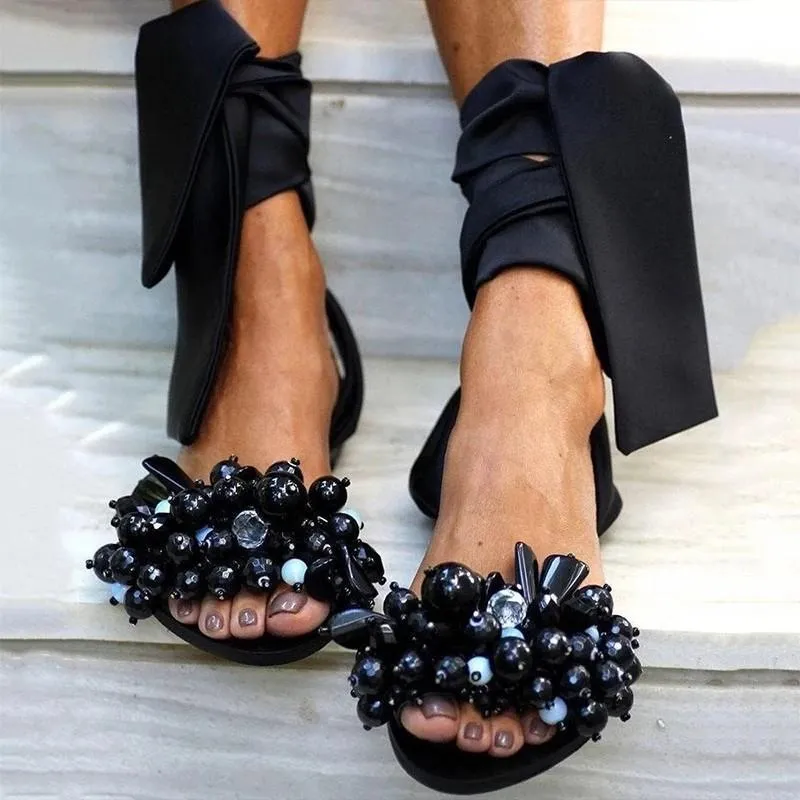 Chicvane Flat Sandals Ankle Strap Beaded Special Beach Sandals