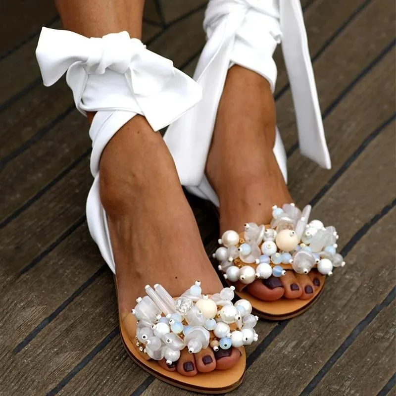 Chicvane Flat Sandals Ankle Strap Beaded Special Beach Sandals