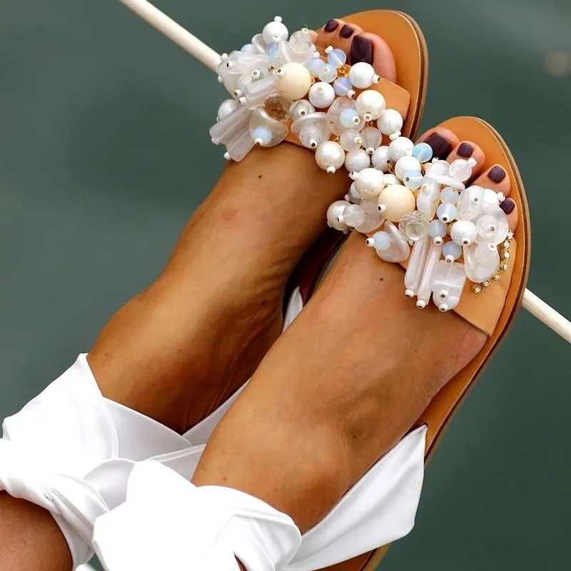 Chicvane Flat Sandals Ankle Strap Beaded Special Beach Sandals