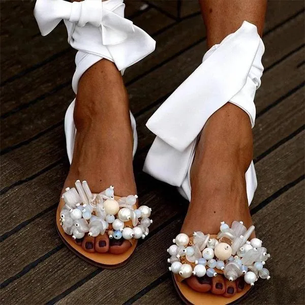 Chicvane Flat Sandals Ankle Strap Beaded Special Beach Sandals