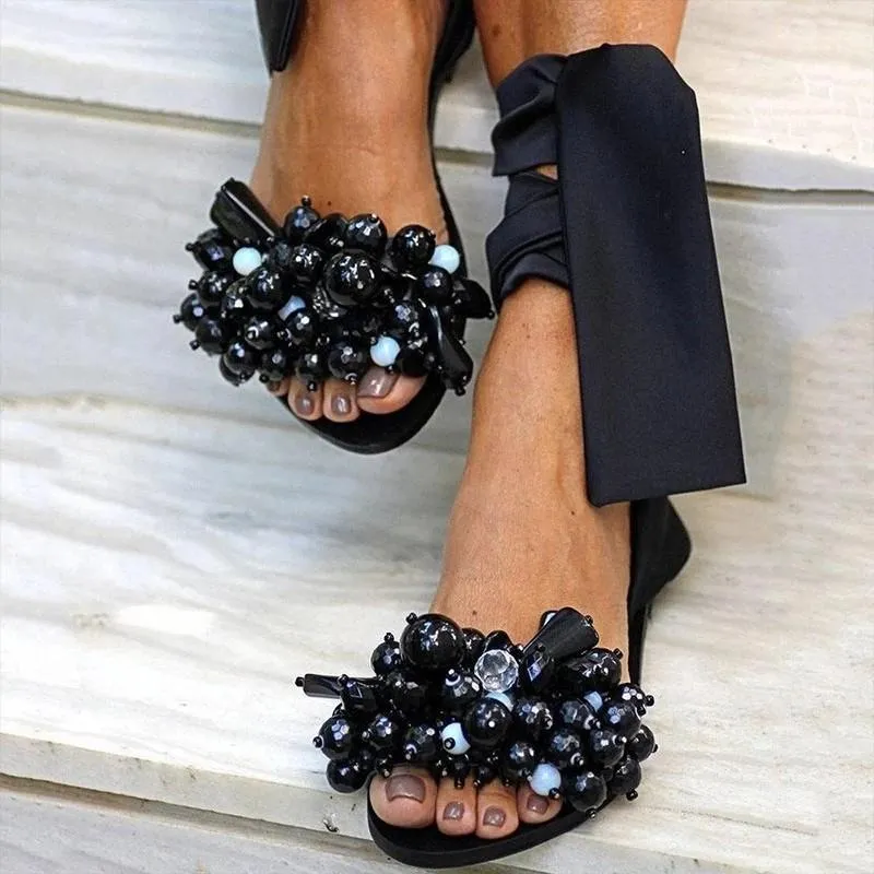Chicvane Flat Sandals Ankle Strap Beaded Special Beach Sandals