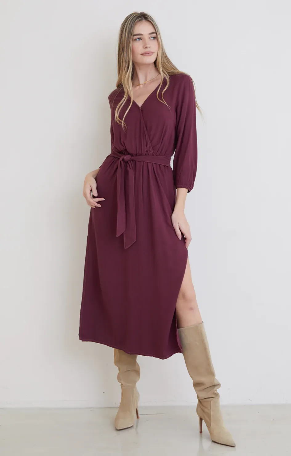 Cross Front Belted Maxi Dress - Wildberry